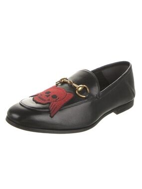 Gucci Black Leather Agnello Plonge Skull Wings Brixton Horsebit Loafers 11.5